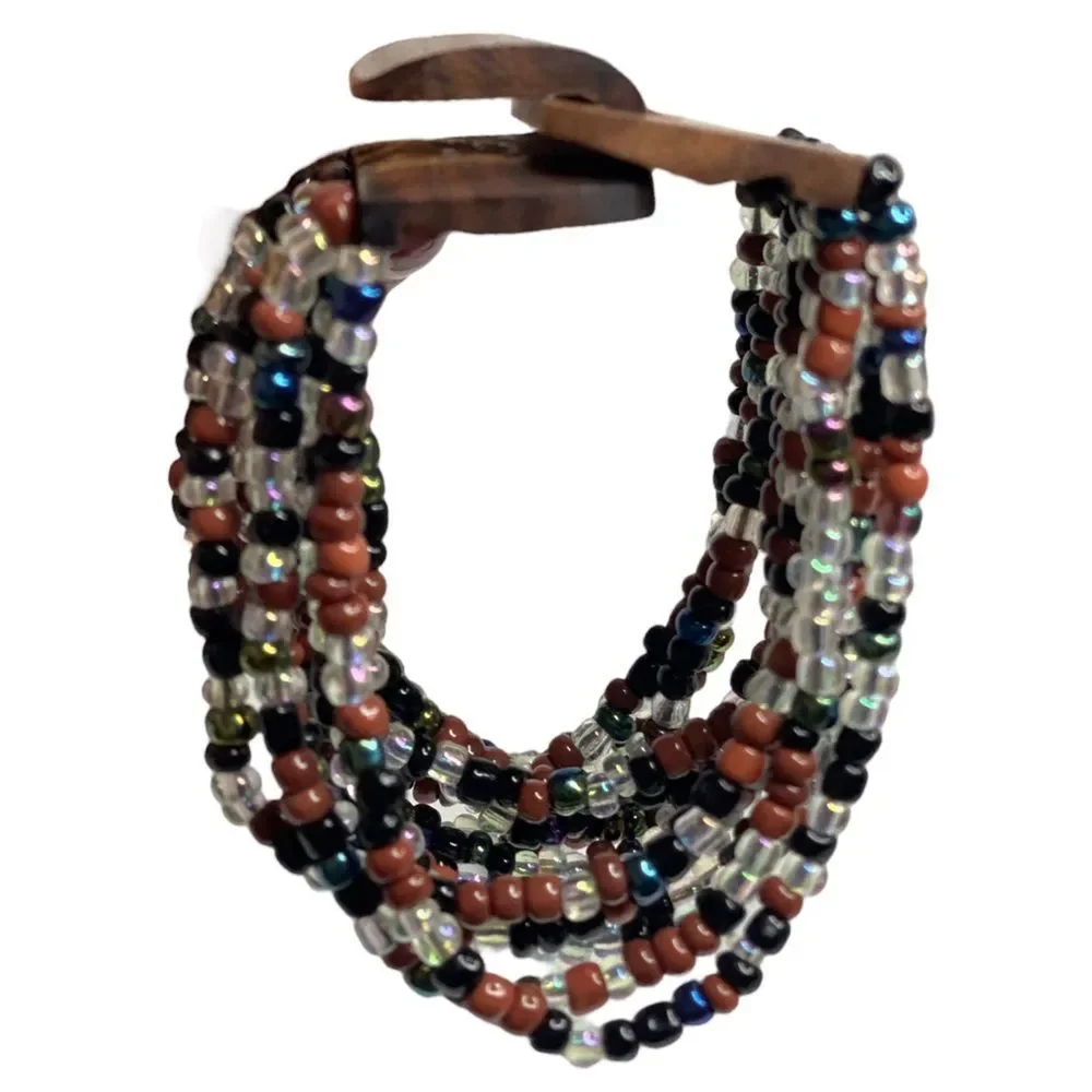 Multi Seed Bead Layered Necklace Wooden Buckle‎ Stretchy Bracelet